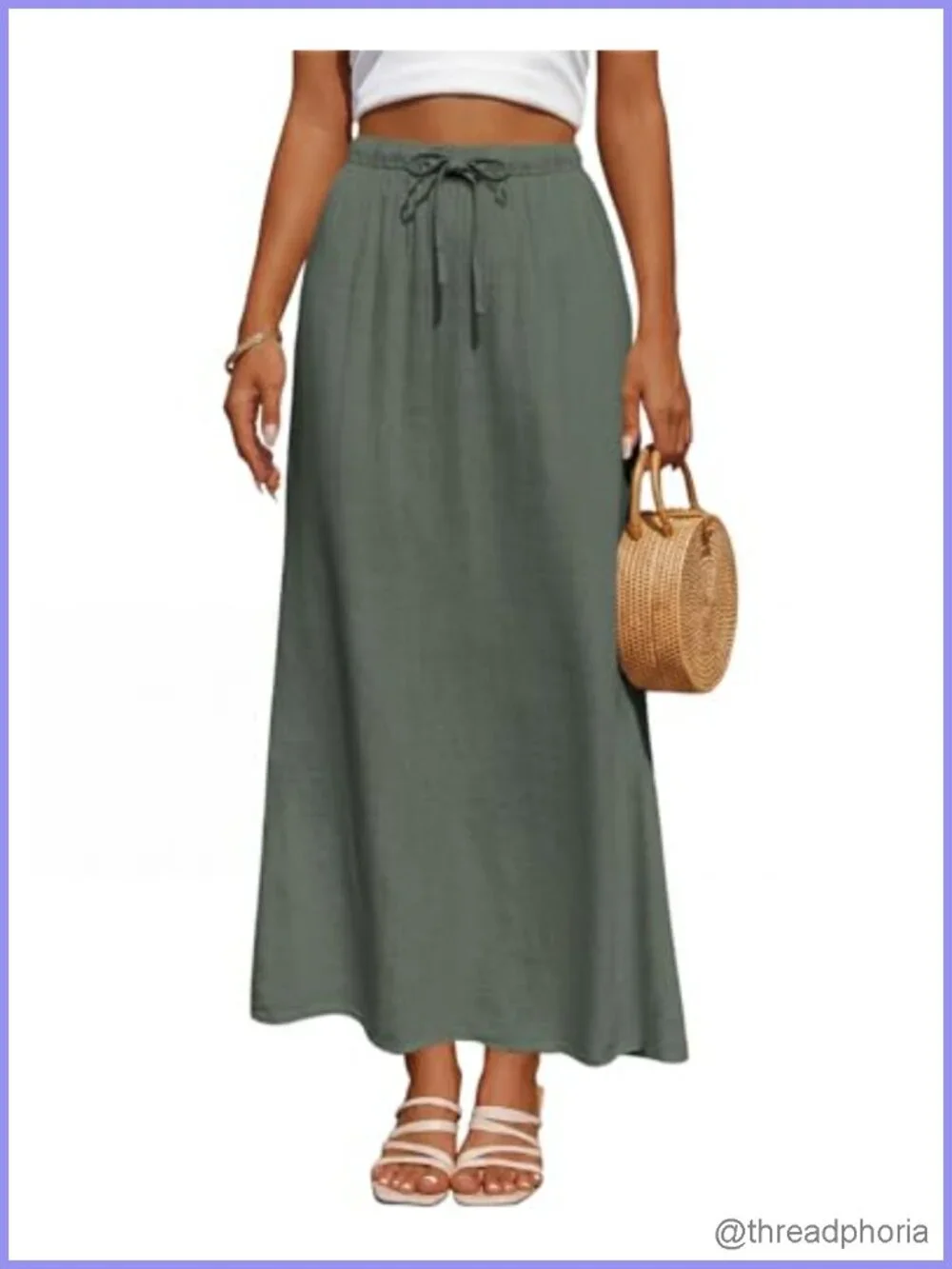 Linen Maxi Skirt Drawstring Back Slit Elastic High Waisted Flowy Long Skirt